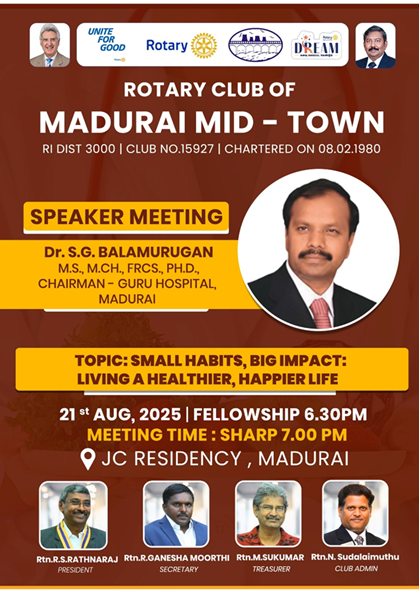 Rotary Club of Madurai Mid-Town had an inspiring Speaker Meeting on 21st Aug 2025 at JC Residency.